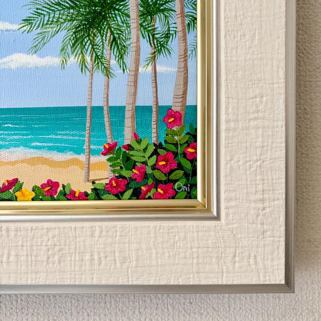 アクリル画　原画　「ハイビスカスの浜辺01」額縁付き　SMサイズ　風景画