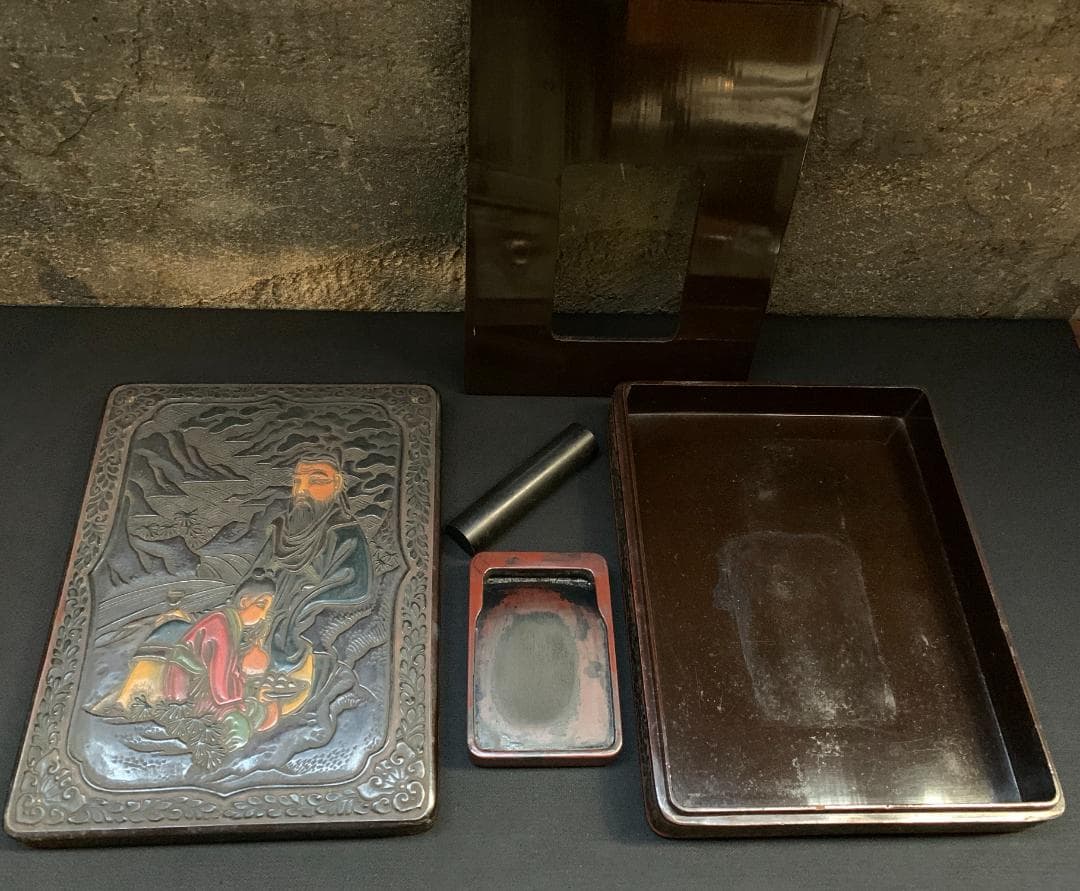 中国 骨董 硯 文鎮 箱 彫刻 書道 古 道具 文箱 漆 筆入 時代 美術