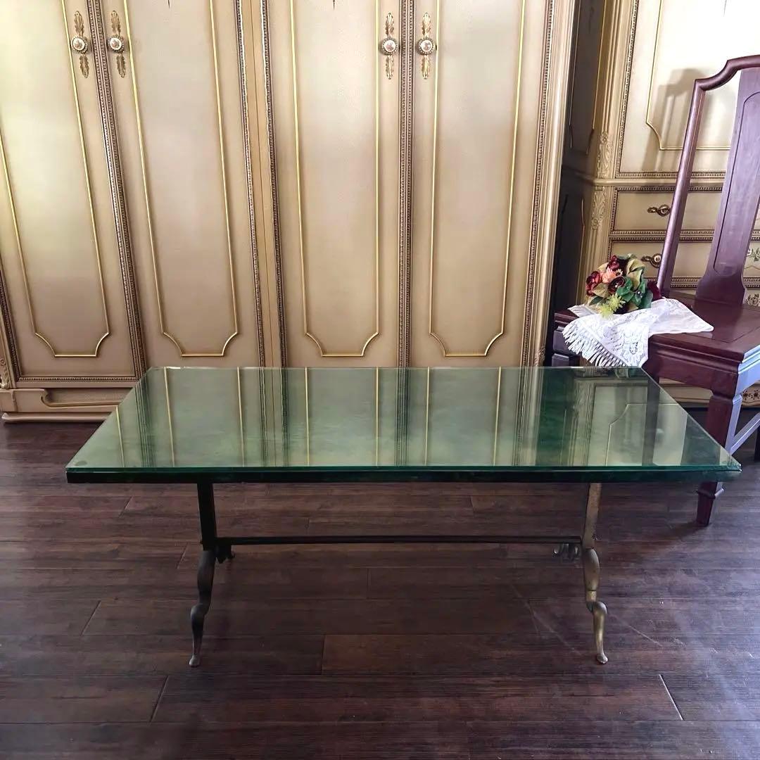k115r118 アンティークグリーンのセンターテーブル ガラス天板 真鍮脚