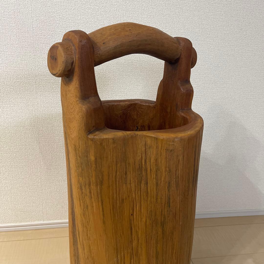 天然無垢材　古道具　レトロ　手桶型傘立て　花器　くり抜き 手桶型 置物 オブジェ