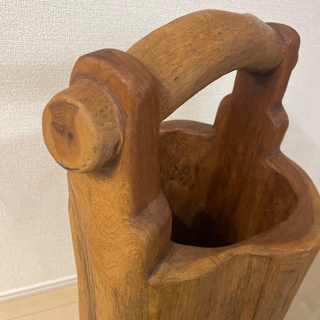 天然無垢材　古道具　レトロ　手桶型傘立て　花器　くり抜き 手桶型 置物 オブジェ