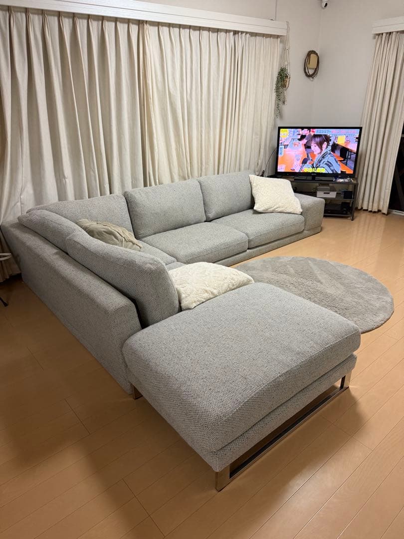 グレー L字型ファブリックソファ