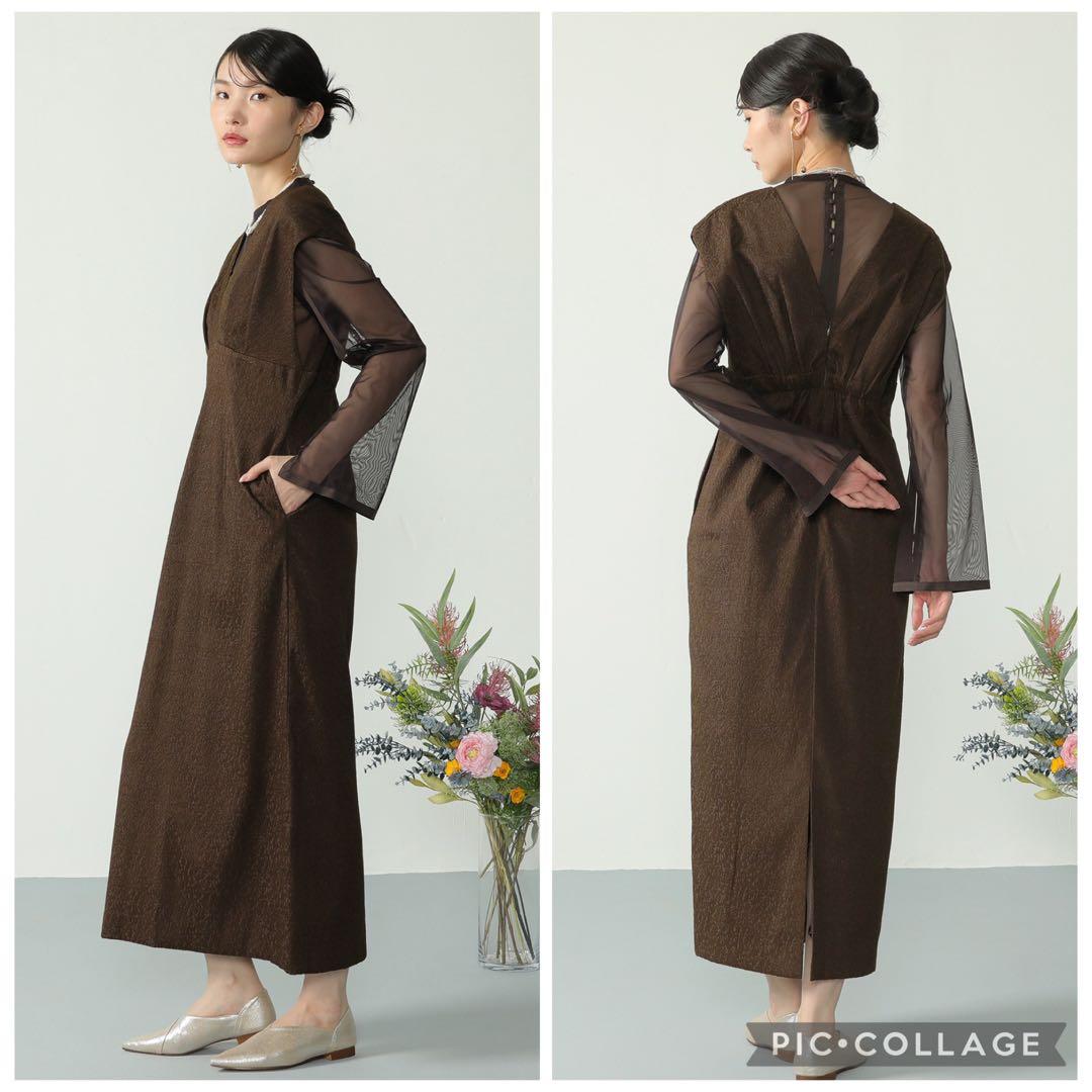 人気　カナ　ジャガード ワンピース チュール トップス セット ブラウン　S
