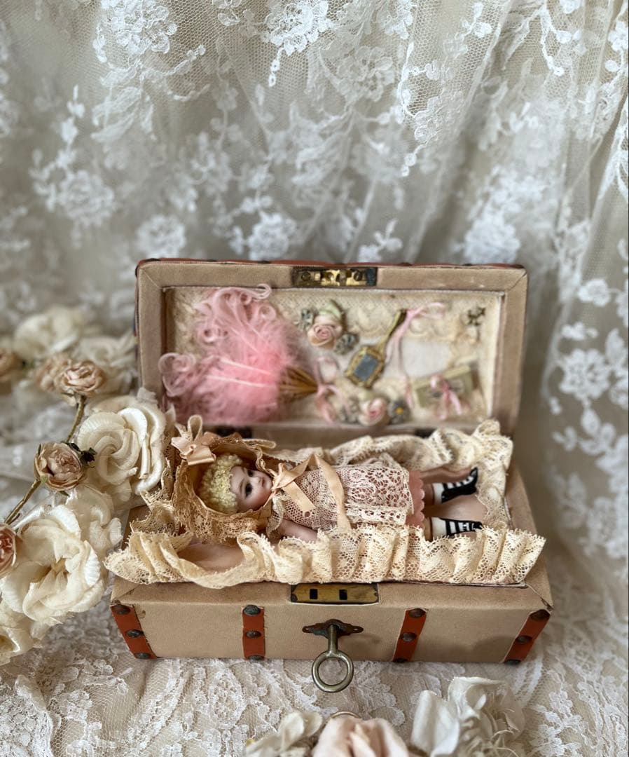 アンティークヴィンテージビスクドールミニョネット ボックスローズリボンレース