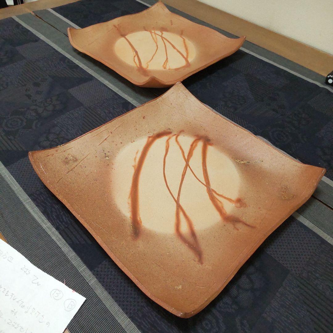 キレイな四方皿 2枚 備前焼 B