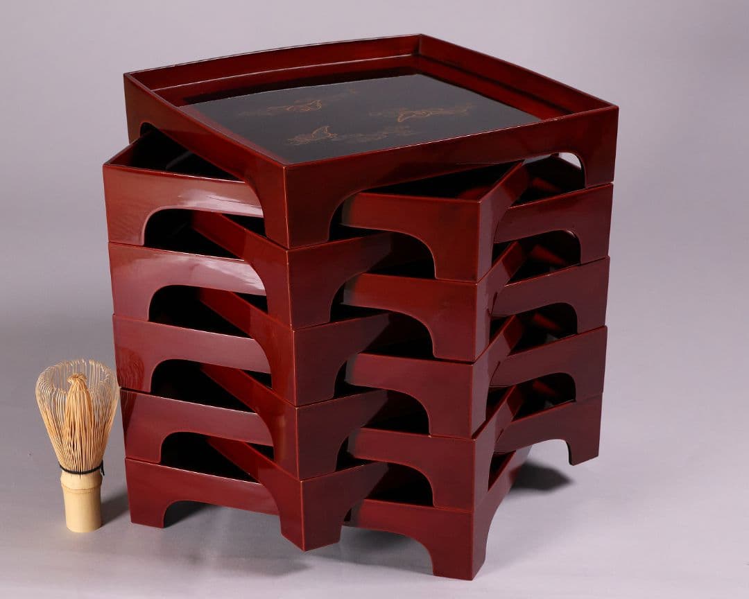 【MA700】時代木製漆器 雲雀蒔絵 吸物盆 十客 金蒔絵 黒塗溜塗 足付四方膳