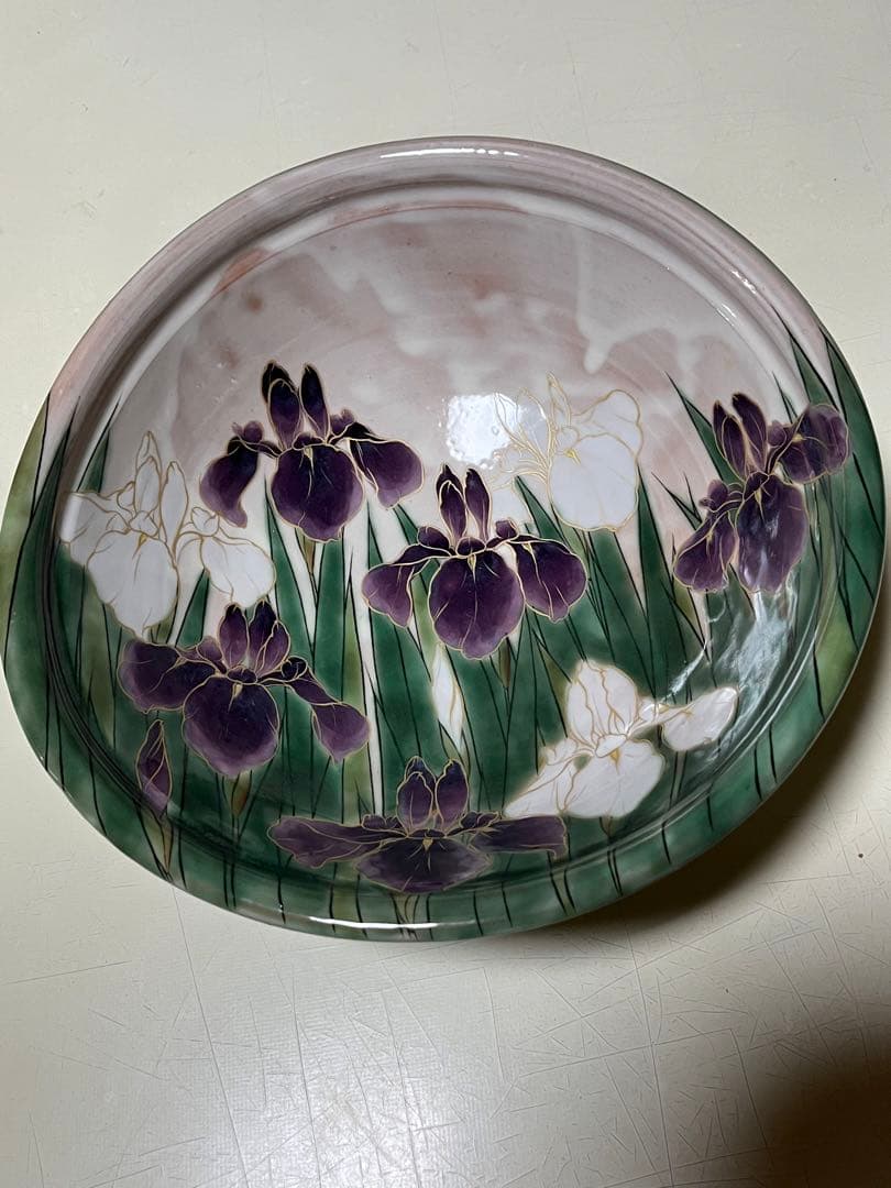 京都八坂清水焼　陶あん金彩色絵付け花菖蒲大鉢