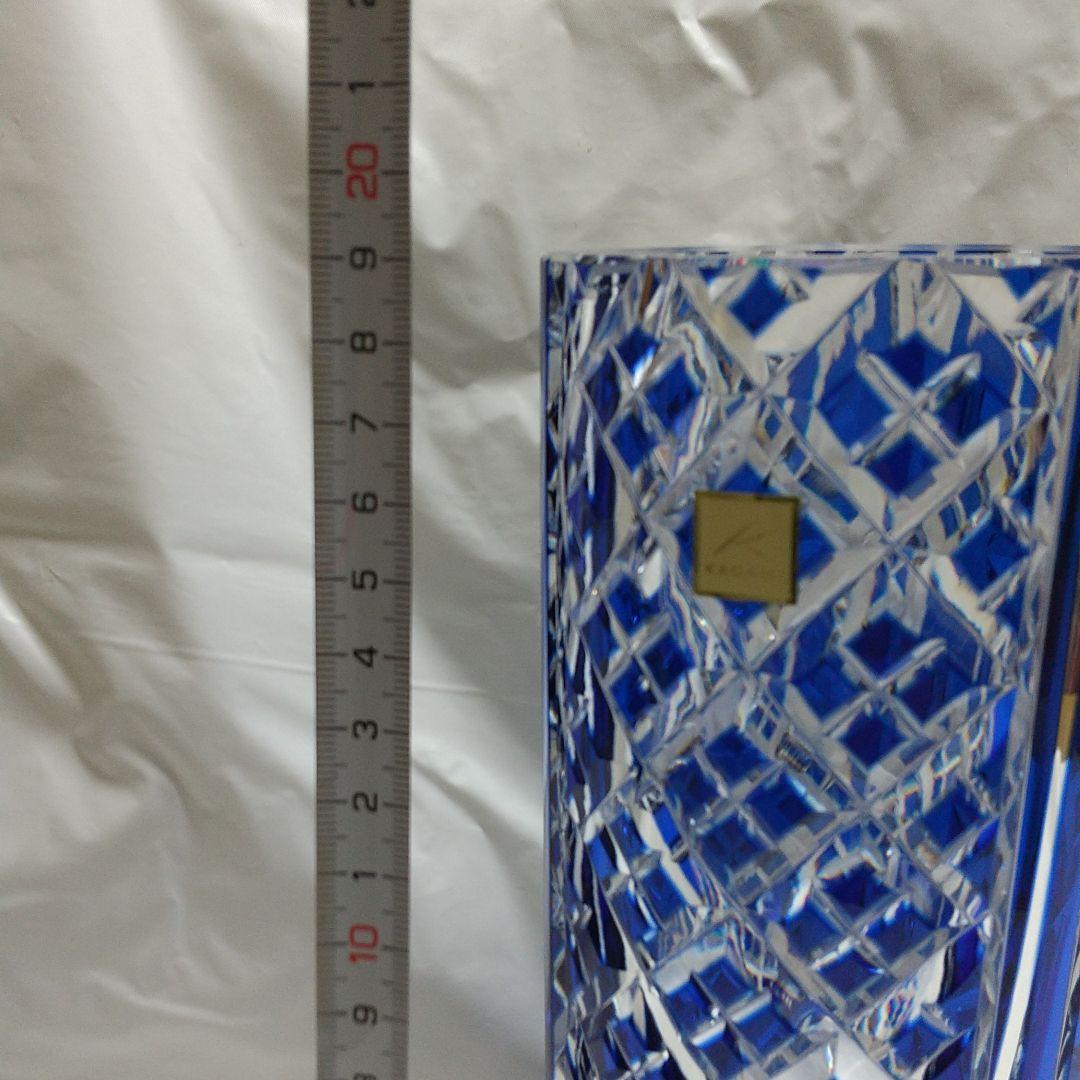 カガミクリスタル 青被せ江戸切子 花瓶 矢来重紋