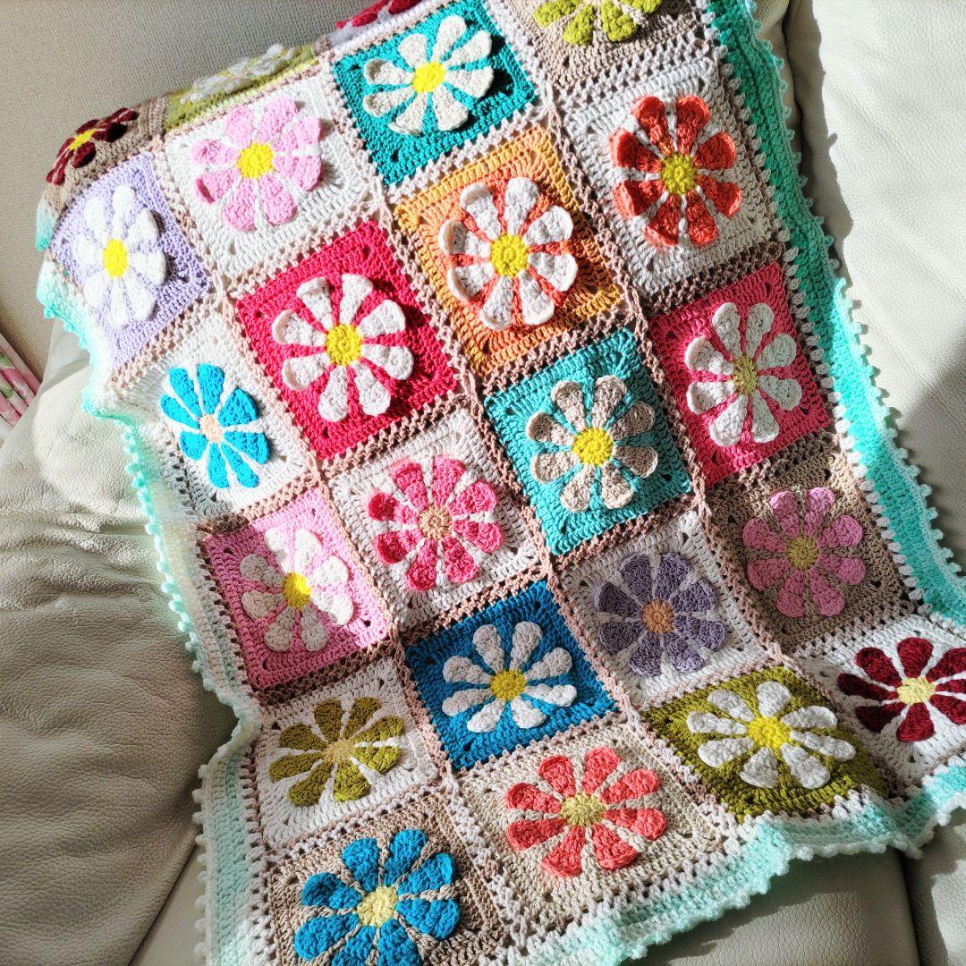 手編みブランケット★レトロデイジーフラワー★かぎ針編み★カラフル★お花モチーフ