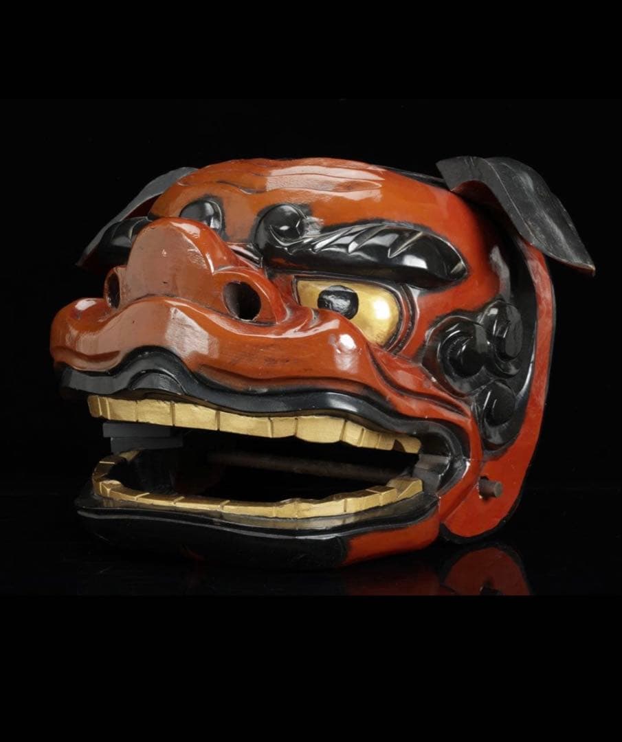 時代物 木彫獅子頭 朱漆塗金彩 幅54cm 獅子舞 神楽面 魔除 縁起物 骨董品