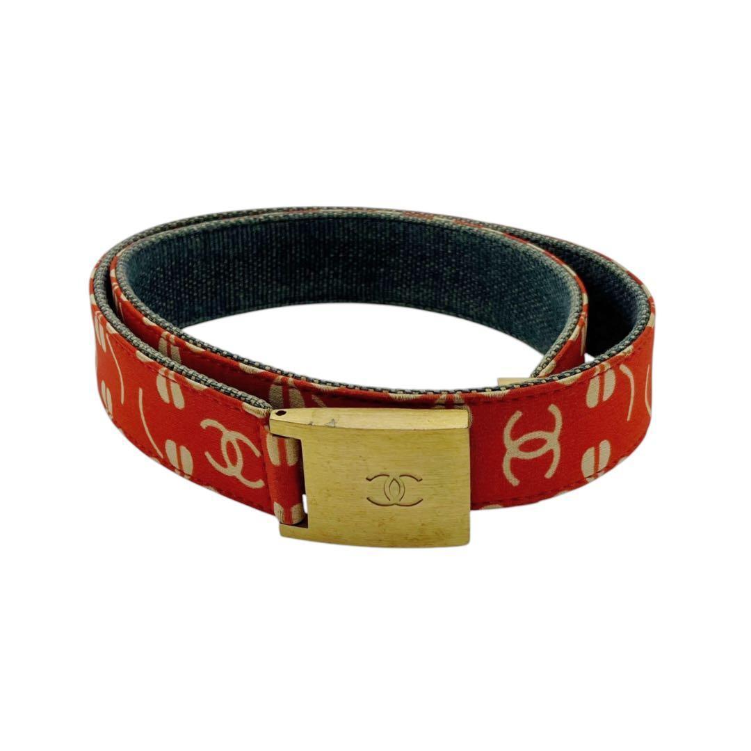 良品✨ シャネル ココマーク ロゴ ベルト キャンバス レッド