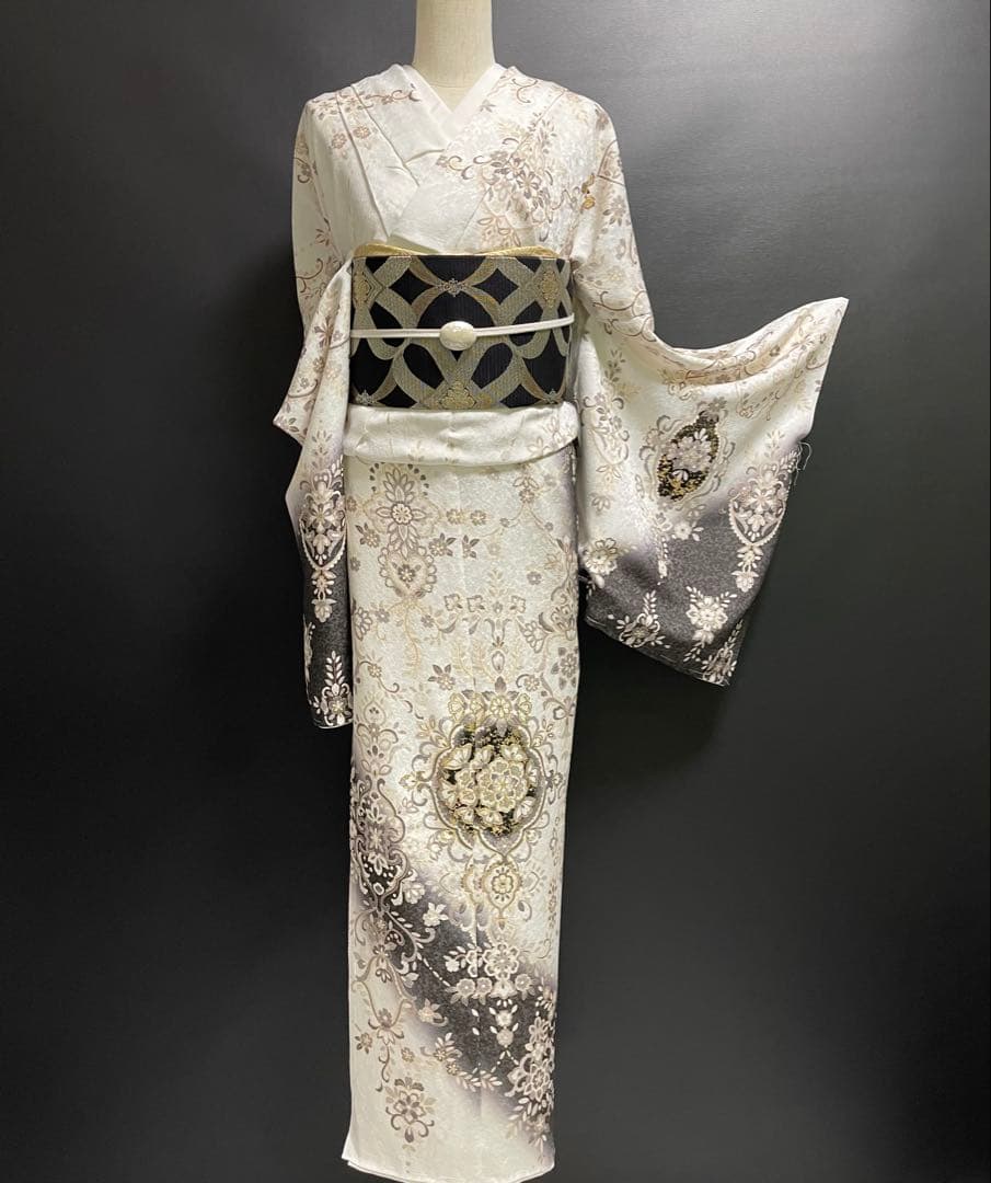 特選金彩訪問着【エキゾチック更紗唐花◆白×墨黒】銀通し煌めく紋意匠地