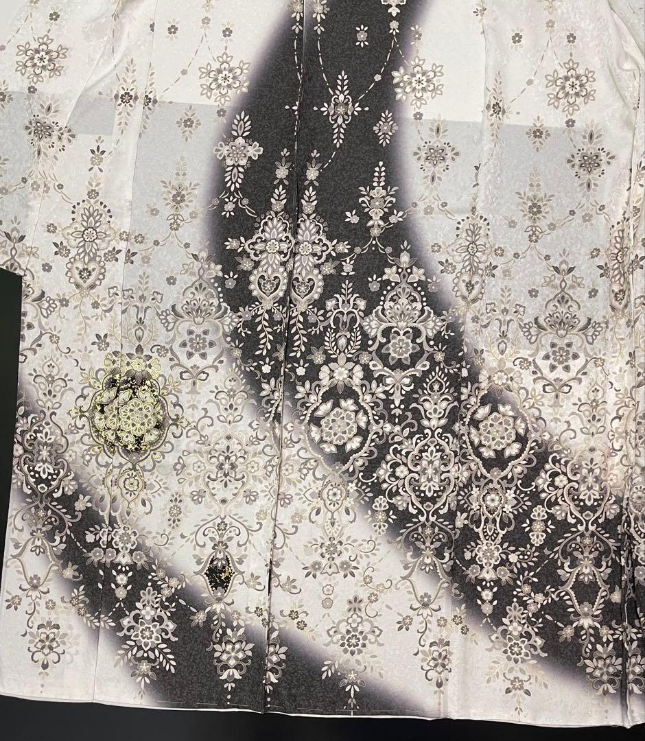 特選金彩訪問着【エキゾチック更紗唐花◆白×墨黒】銀通し煌めく紋意匠地