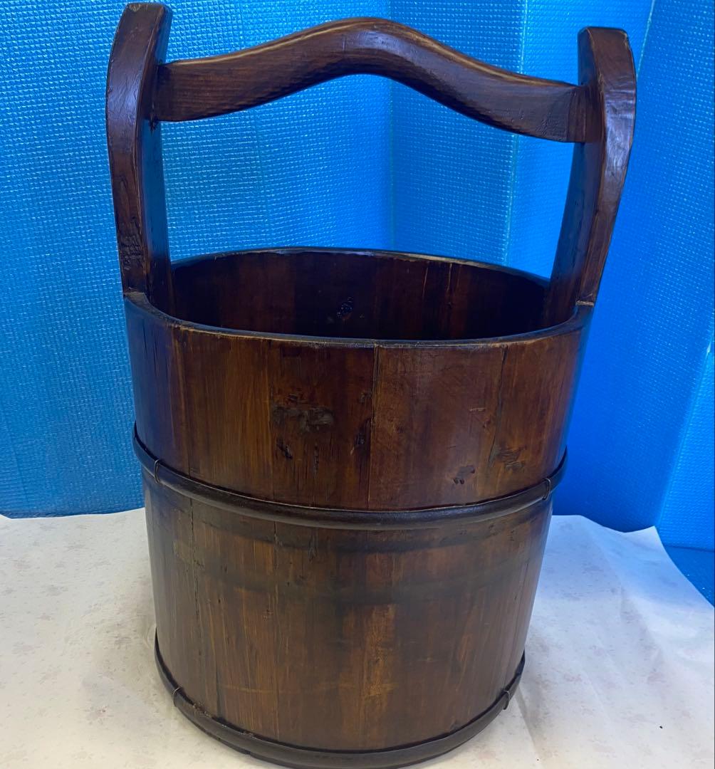 アンティーク民芸品手桶鉄＆木製花入ドライフラワー 木製バケツ型インテリア小物