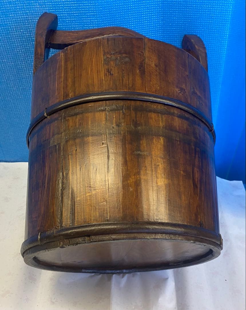 アンティーク民芸品手桶鉄＆木製花入ドライフラワー 木製バケツ型インテリア小物