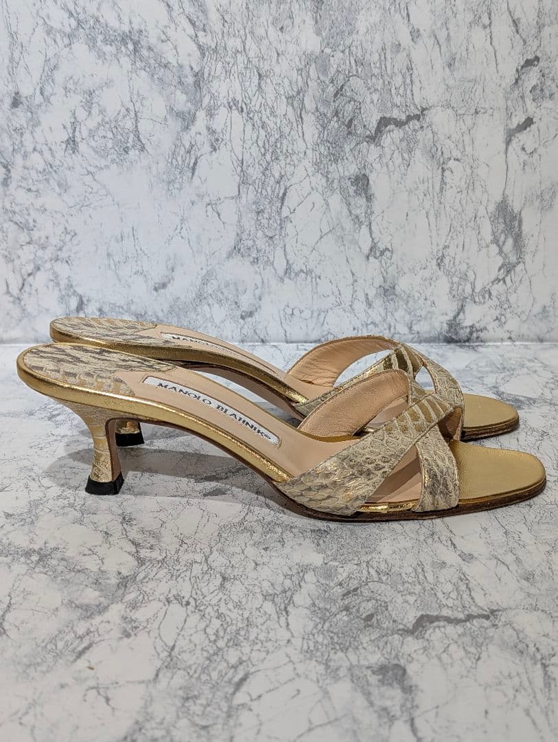 美品✨️ マノロ ブラニク サンダル ミュール ゴールド パイソン ヒール 36