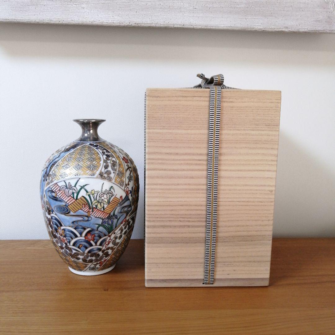 山本一洋　純プラチナ彩　琳派風菖蒲図　花瓶