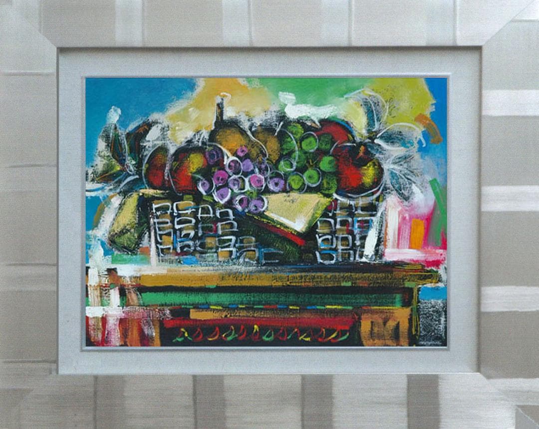 油絵 菅家令子 絵 絵画インテリア額付(青緑＋金色の枠)uF6-120109果物