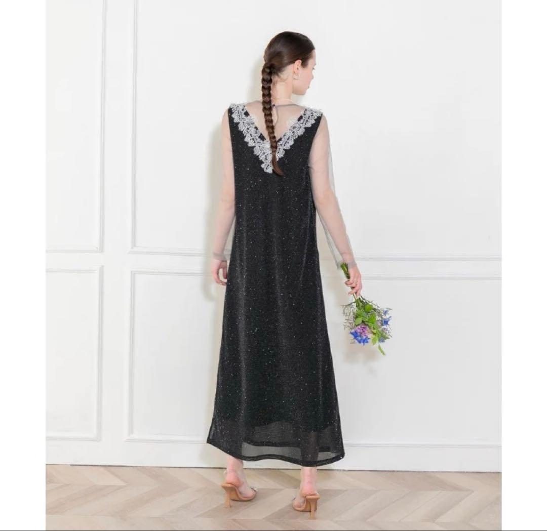 美品　レジャ　レースネック透け袖スリットキラキラロングドレスワンピース