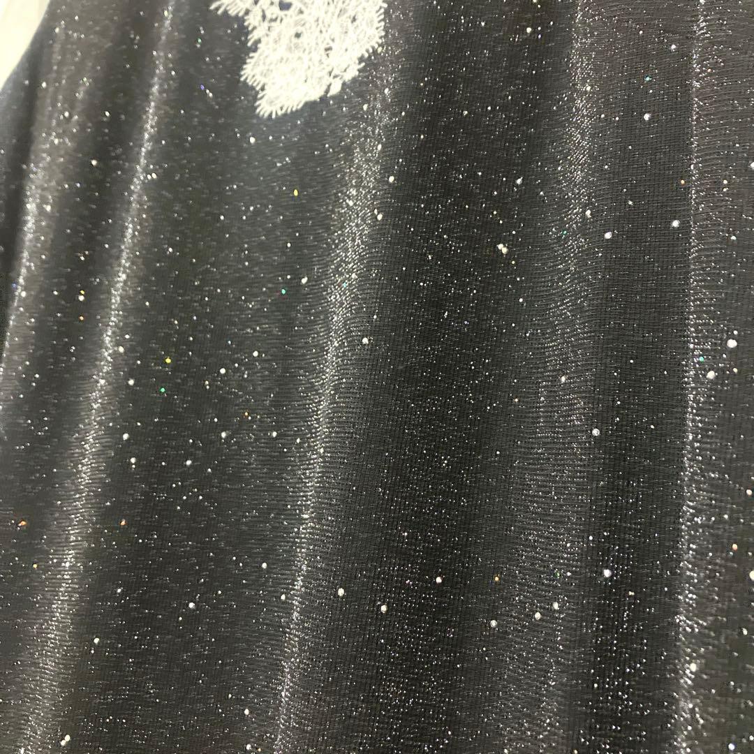 美品　レジャ　レースネック透け袖スリットキラキラロングドレスワンピース