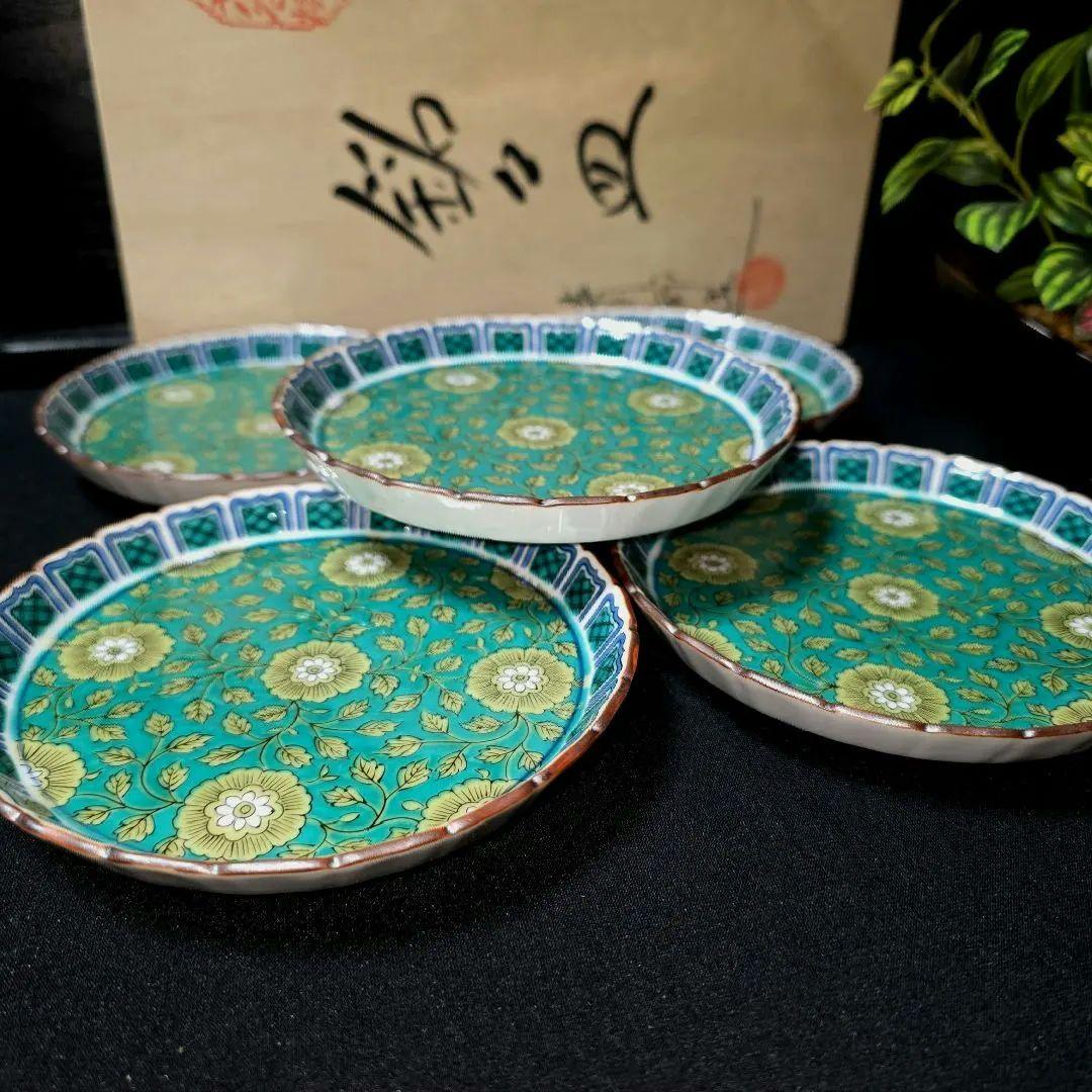 九谷焼　九谷青郊　青手牡丹唐草文　銘々皿　輪花皿　取皿　菓子皿　 5客