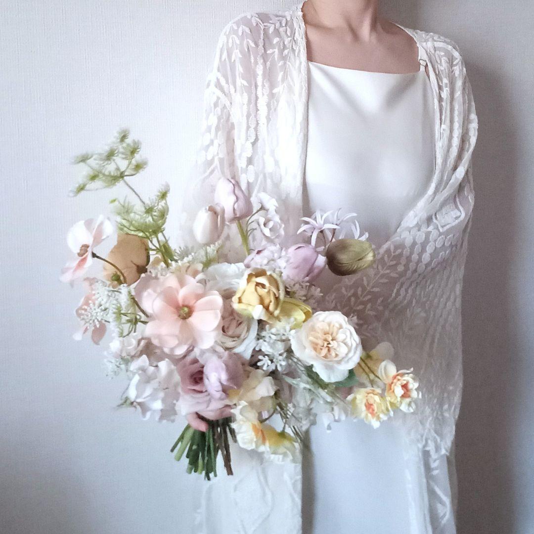イエロー　ラベンダー　チューリップ　パステル　ウェディングブーケ　造花　結婚式