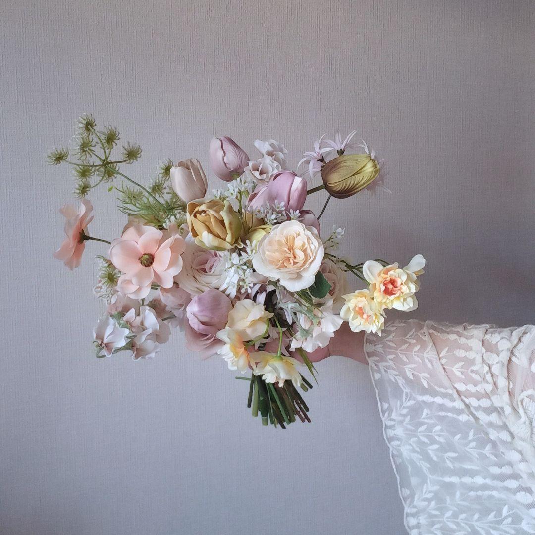 イエロー　ラベンダー　チューリップ　パステル　ウェディングブーケ　造花　結婚式