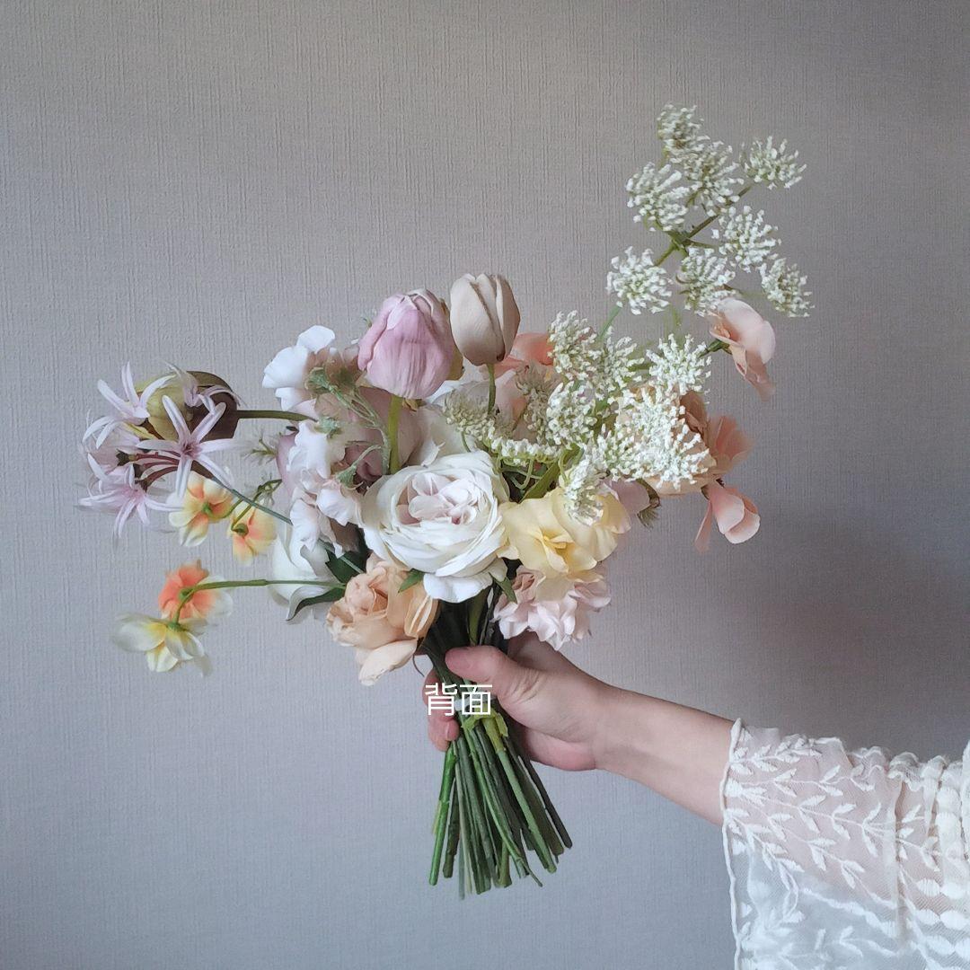 イエロー　ラベンダー　チューリップ　パステル　ウェディングブーケ　造花　結婚式