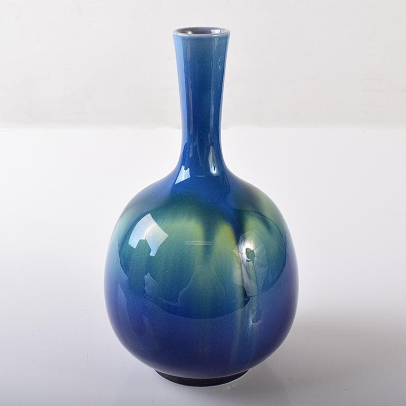 人間国宝　三代徳田八十吉　碧明耀彩　花生　共布共箱　T　R8172