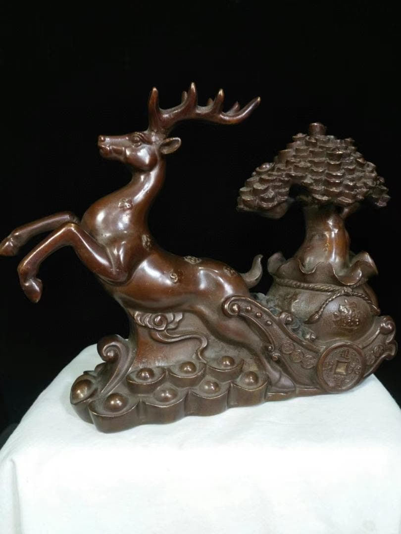 中国古美術品·旧蔵純銅器·一路生财·细密彫·純手作り·高浮彫·文房置物·風水開運