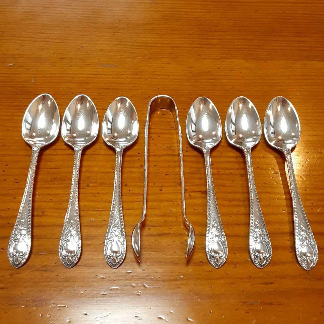 英国 純銀 ティースプーン&シュガートング ♡アンティークシルバー◇ケース付