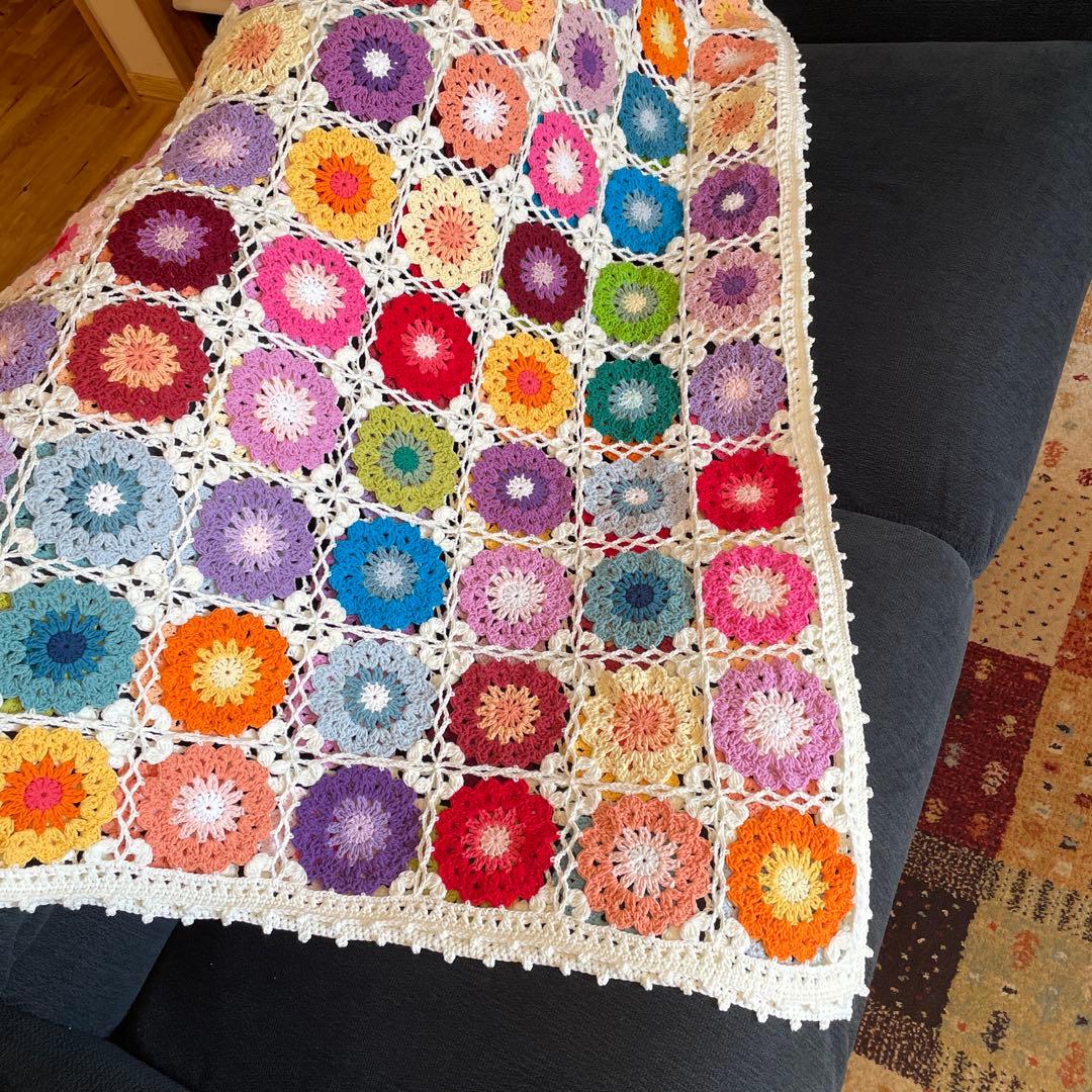 ハンドメイド　ブランケット　フラワーモチーフ　コットン