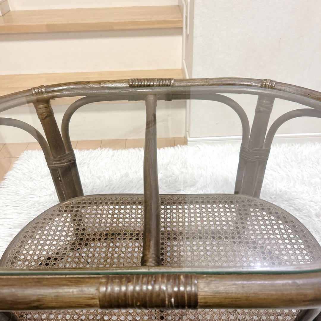 ラタン テーブル ガラス アジアンテイスト 昭和レトロ 送料無料