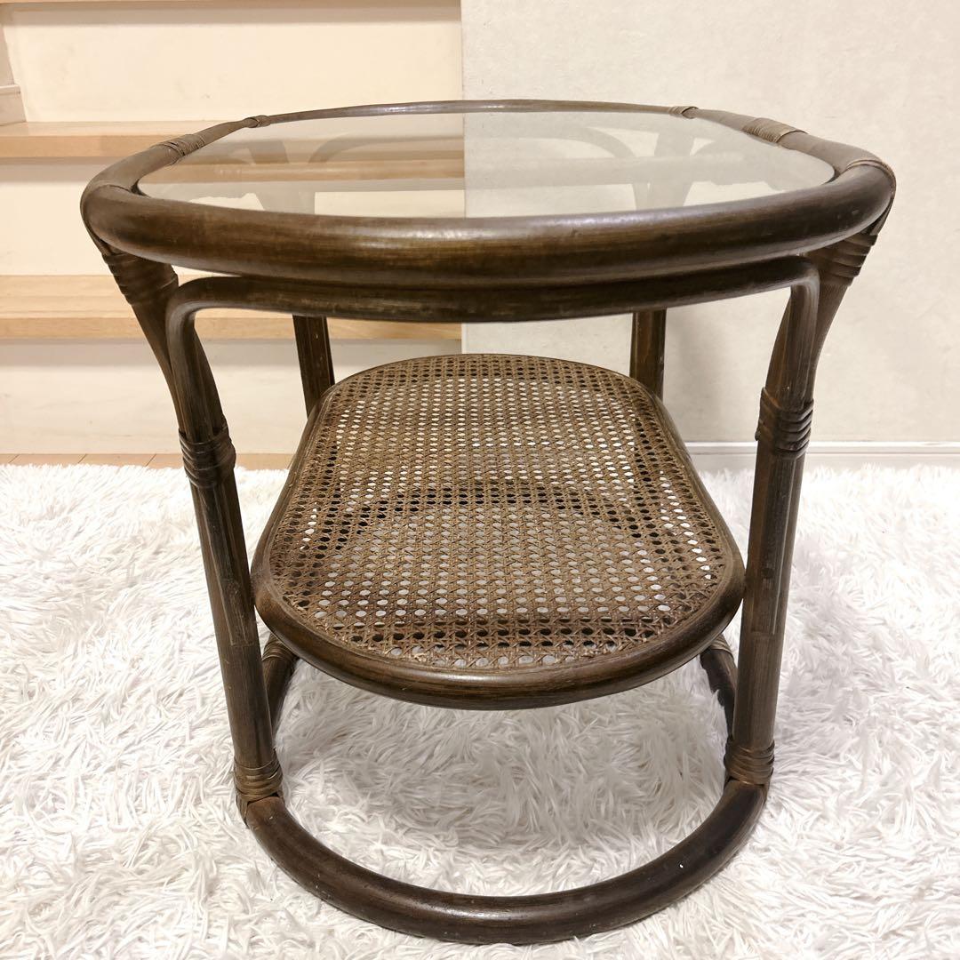 ラタン テーブル ガラス アジアンテイスト 昭和レトロ 送料無料