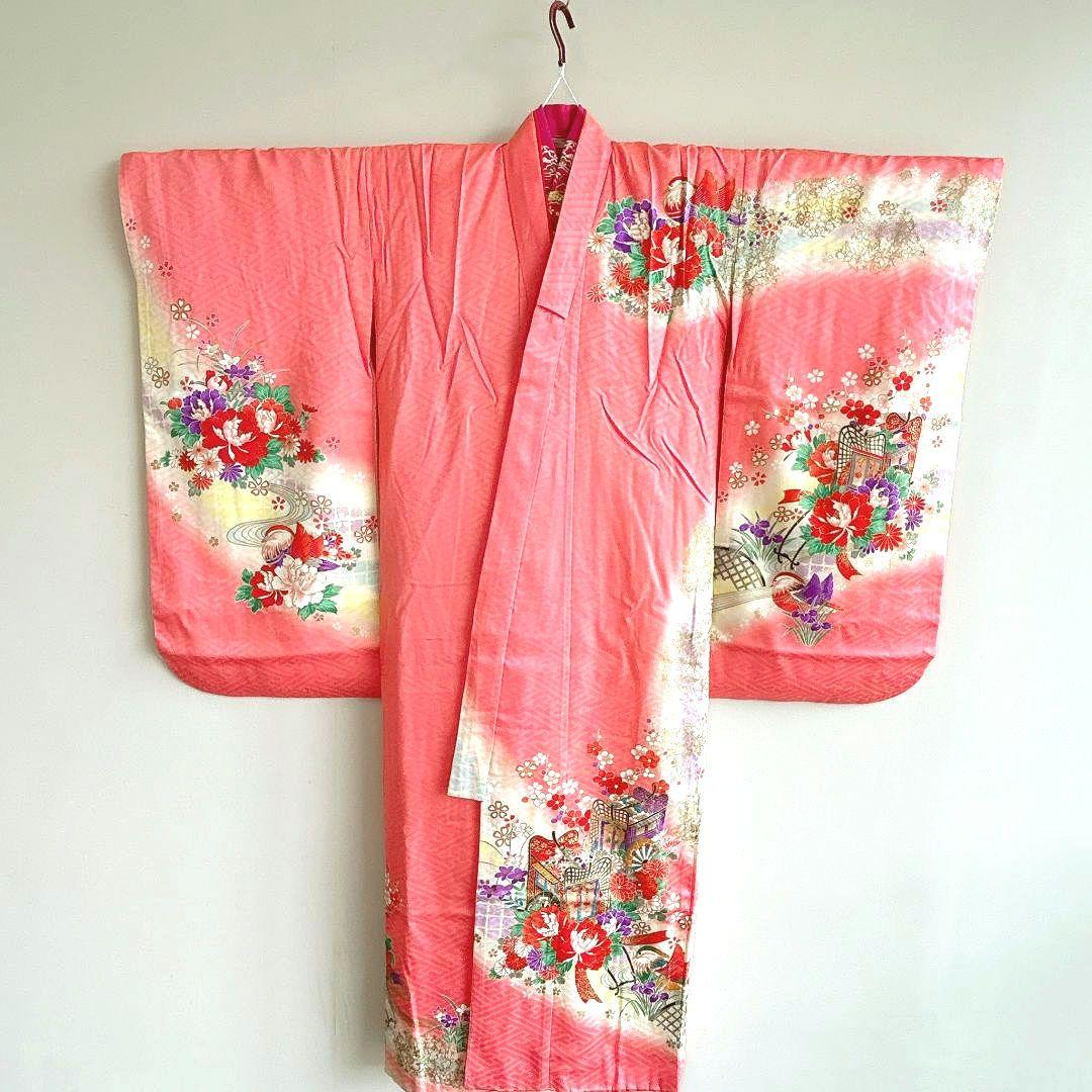 セット　七五三７歳女の子　着物＆帯＆袖無長襦袢＆小物　サーモンピンク　花御所車