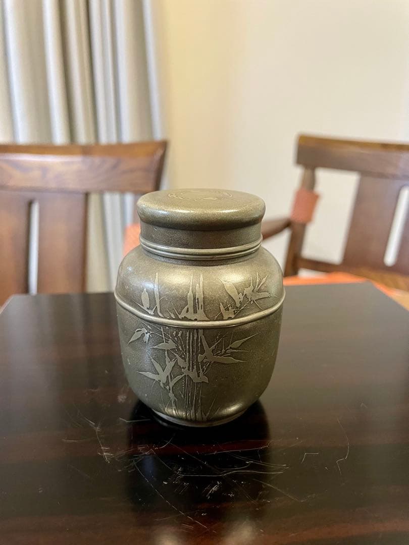 林克瑞製 古錫製 梅竹文茶入 茶壷 茶心壺 煎茶道具 錫茶入　アンティーク