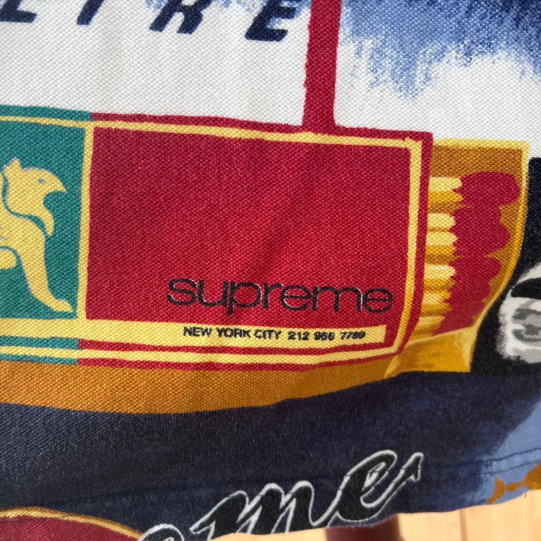 シュプリーム　半袖　ポロシャツ　総柄　ネイビー　ロゴ　L　古着　90s