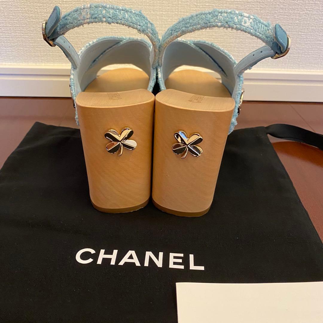 CHANEL 水色 ツイード サンダル 37