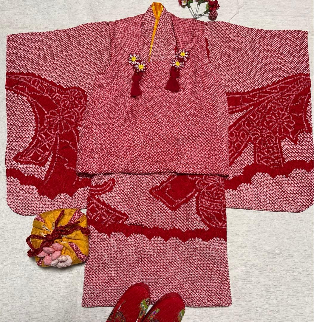 着物セット　３歳　総絞り　七五三　着物　被布　赤色　金駒刺繍　美品