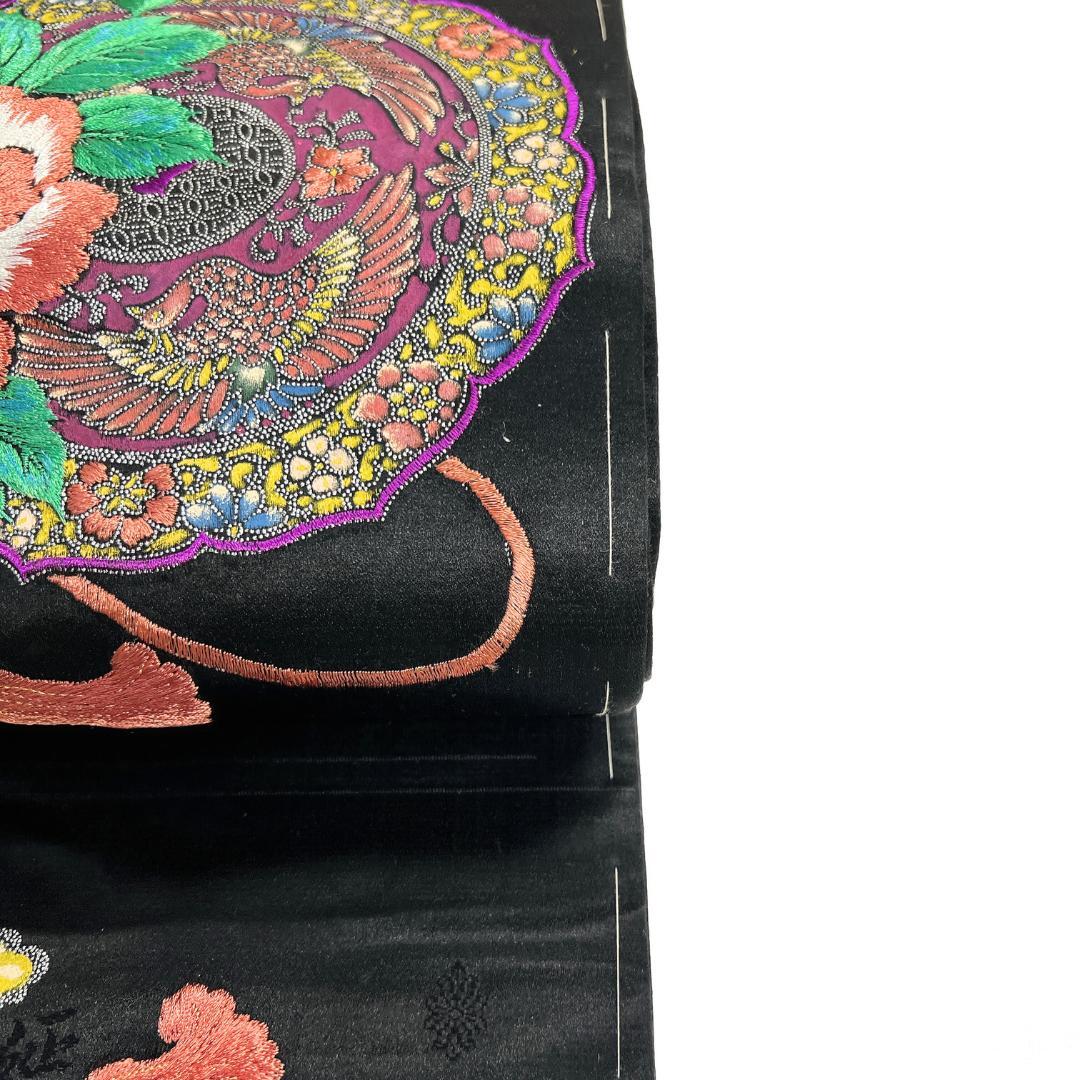 アンティーク　名古屋帯　銀彩　刺繍　鏡裏　牡丹　鳳凰　着物　123b d ms