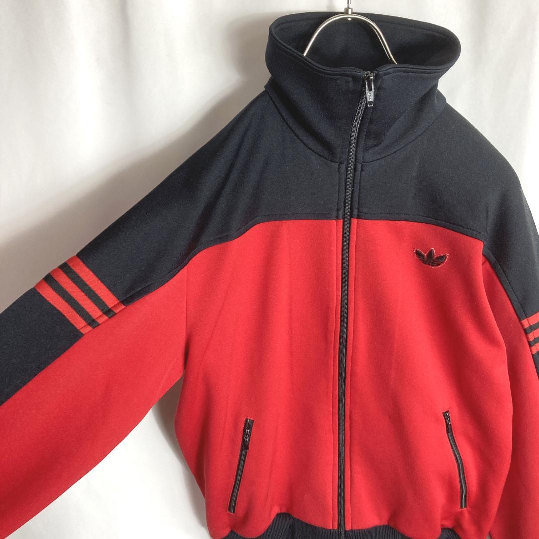 80s古着アディダス 西ドイツ デサント製トラックジャケット ジャージ 赤黒色