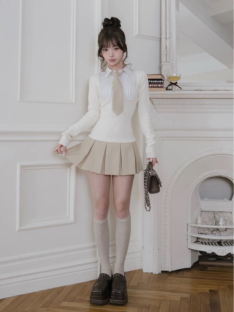 Darich ネクタイシャツドッキングニットミニワンピース BEG