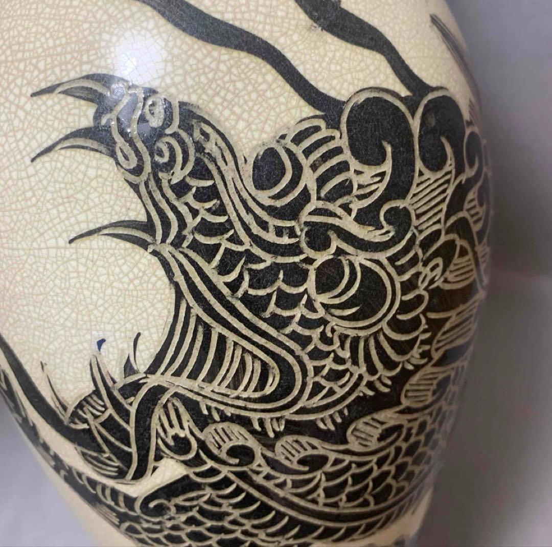 中国 磁州窯写白地黒龍梅瓶　f2250411