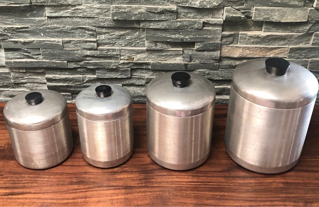 アメリカンヴィンテージ★無骨なアルミ製キャニスター4個セット★男前キッチンに最適