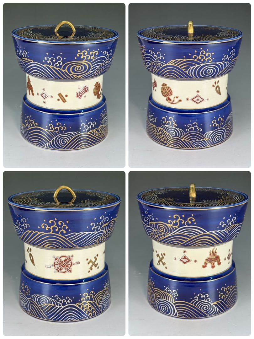 【中古品】加藤浩一造　瑠璃交趾　波に宝尽水指（共箱）