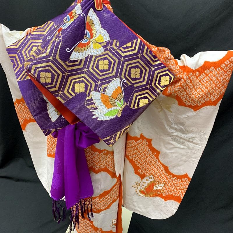 512ag63□七五三 七歳 女児 着物&袋帯 金駒刺繍 蝶 絞染め□美品