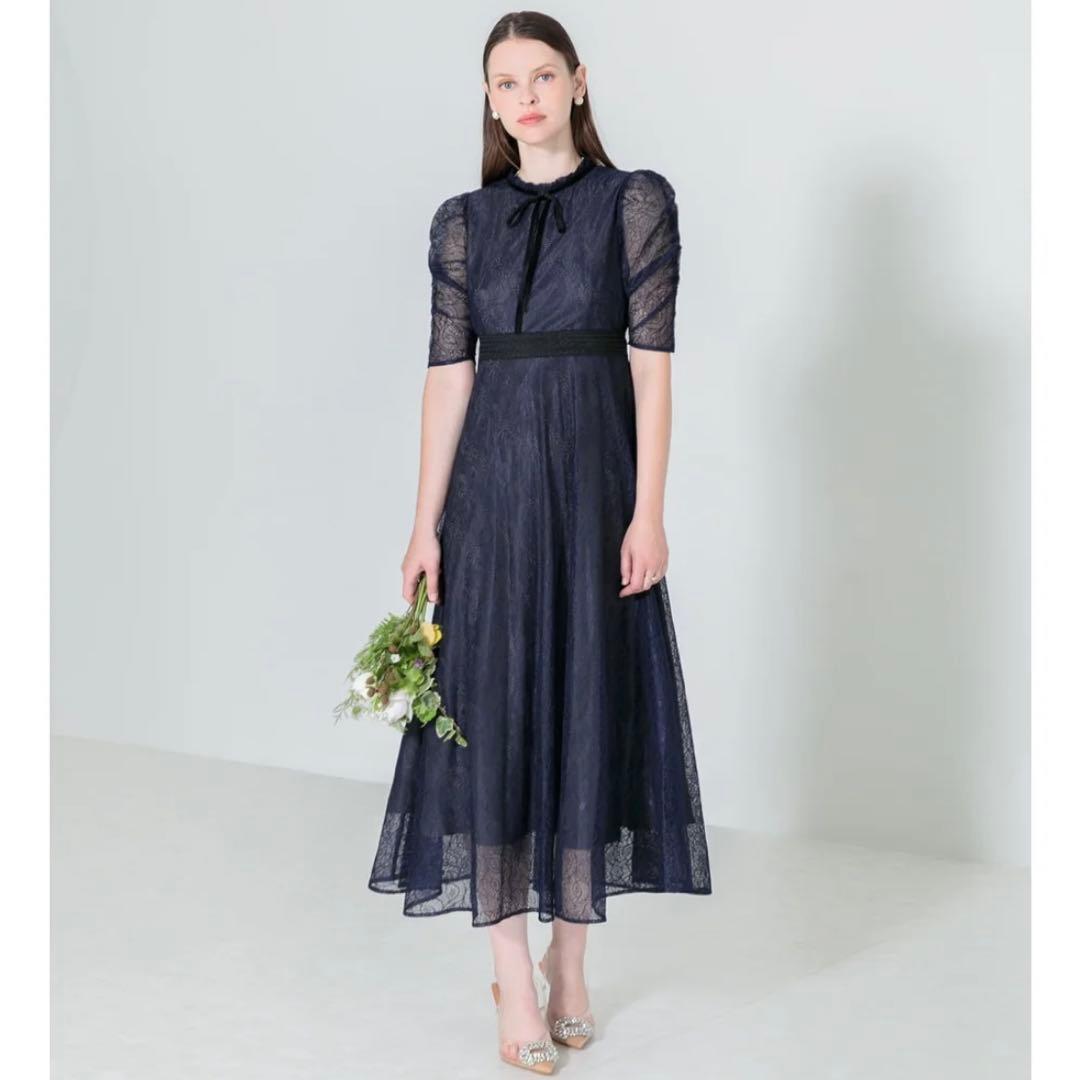 【極美品】Leja ウエストマークパフスリーブ総レースロングドレスワンピース