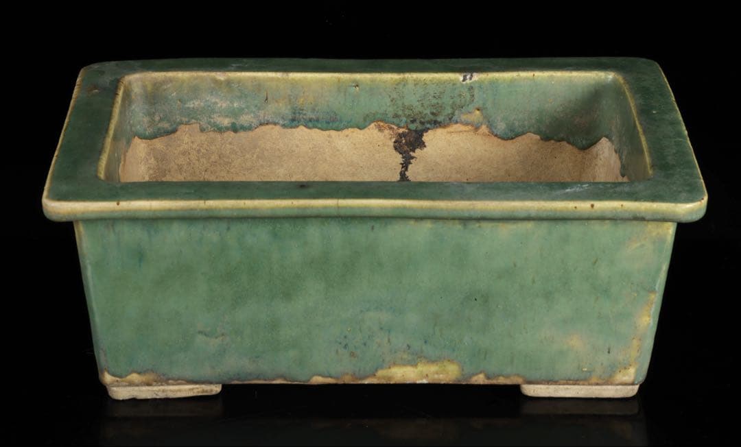 中国古盆器 緑釉外縁長方鉢 盆栽鉢 重厚時代鉢 中国古美術 古陶磁 骨董 古美術