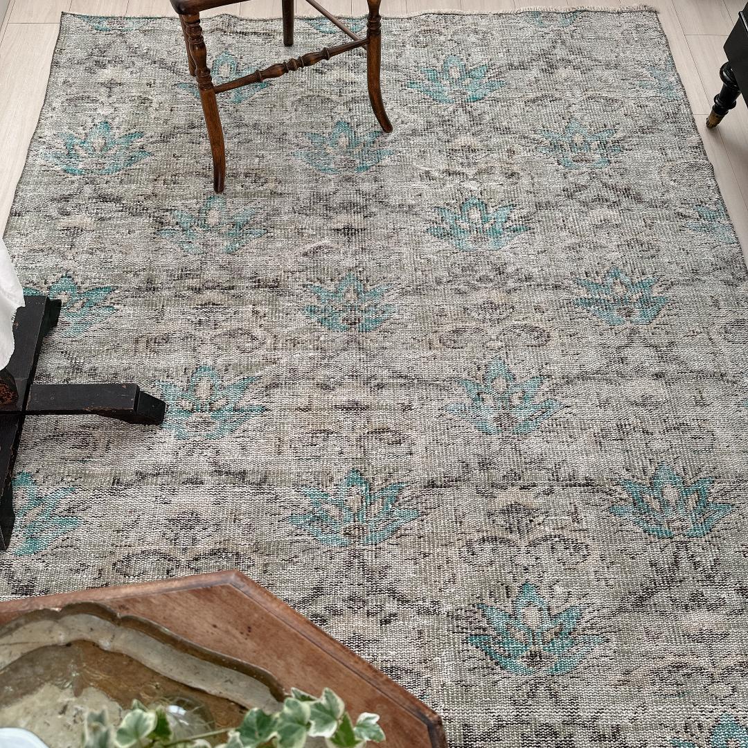 トルコ ヴィンテージラグA106 大判 レア セージグリーン ターコイズブルー