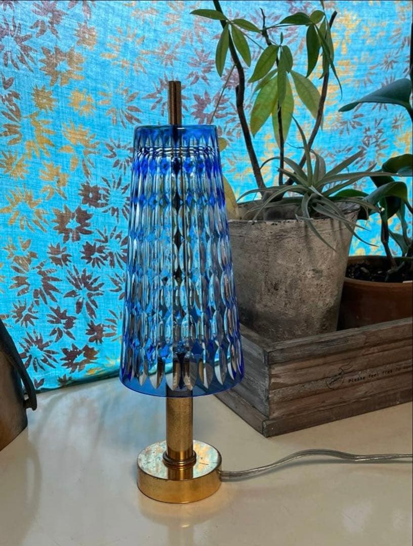 HOYA CRYSTAL 切子ガラス スタンドランプ 青色被せ クリスタルライト